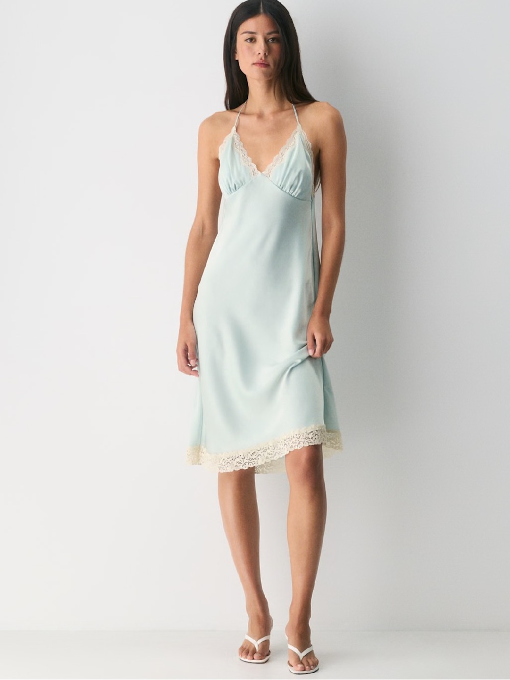 Silk-Feel Lace-Trim Slip Dress in light blue